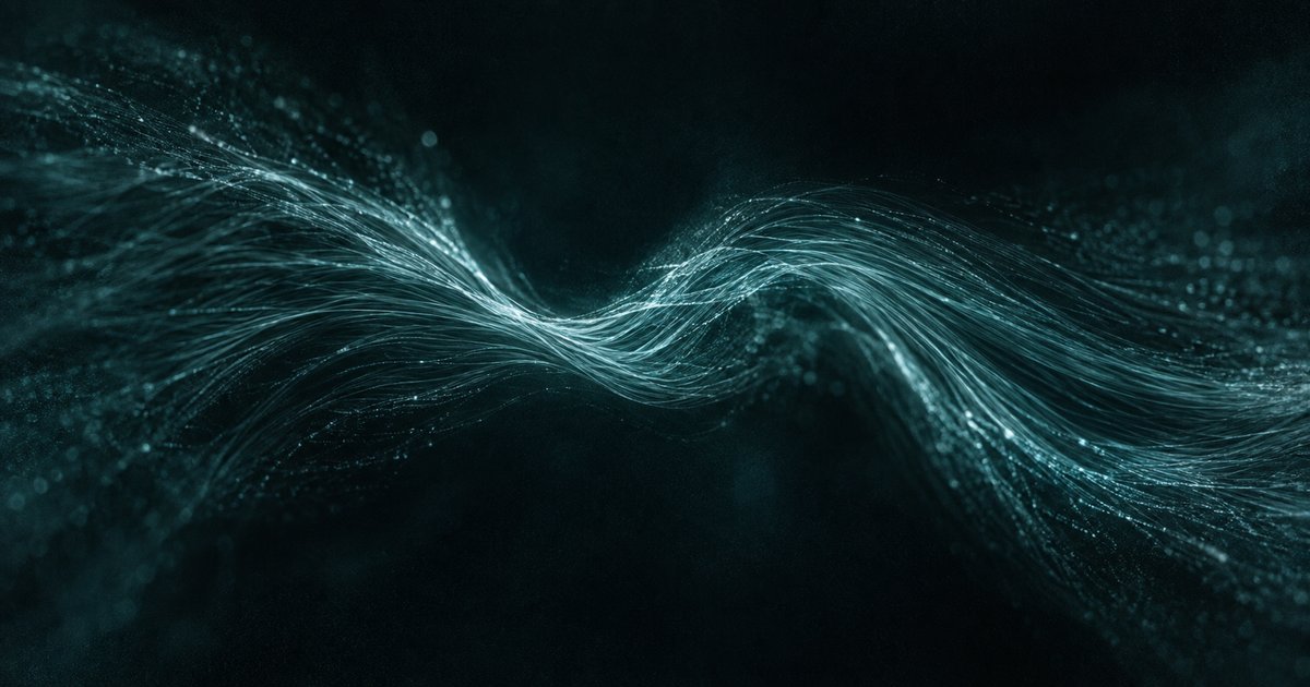 Abstract teal light filaments interweaving against a dark background